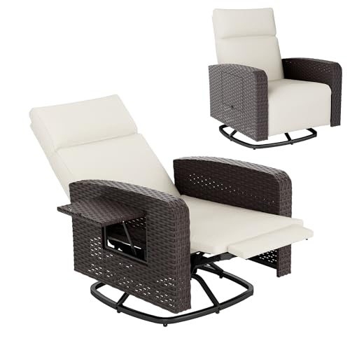 Outdoor Swivel Recliner Chair,Dual-Adjust Outdoor Patio Chair with Adjustable Backrest and Footrest,Wicker Patio Chair with Flip-Up Table for Living Rooms,Pools,Balconies, patios,courtyards