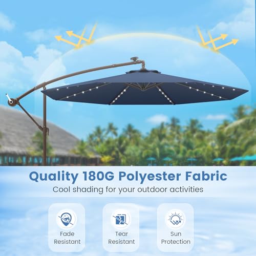Tangkula 10FT Offset Patio Umbrella with Base Included, Outdoor Cantilever Umbrella with 40 Solar LED Lights, Tilt Adjustment, Crank Handle, Vented Top, Sand Bags for Pool Yard Deck (Navy) - color: Navy