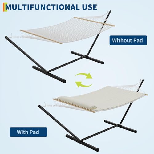 Double Hammock with Stand,450lbs Capacity, 2 Person Cotton Rope Portable Hammock with Polyester Quilted Pad and Pillow,for Garden Yard,Camping and Patio.Off White. - color: Off White