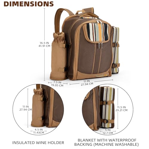 Apollo Walker Picnic Backpack Bag for 4 Person with Cooler Compartment,Wine Bag, Picnic Blanket(45"x53"),Best for Family and Lovers Gifts (Brown) - color: Brown, size: 4 Person
