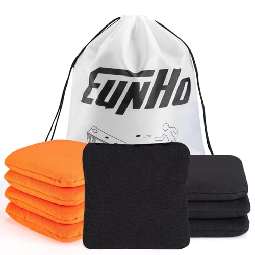 EunHo Cornhole Bags Set of 8 Regulation Size & Weight Corn Hole Bean Bags Official Professional All Weather for Tossing Game with Carry Case - color: Orange/Black