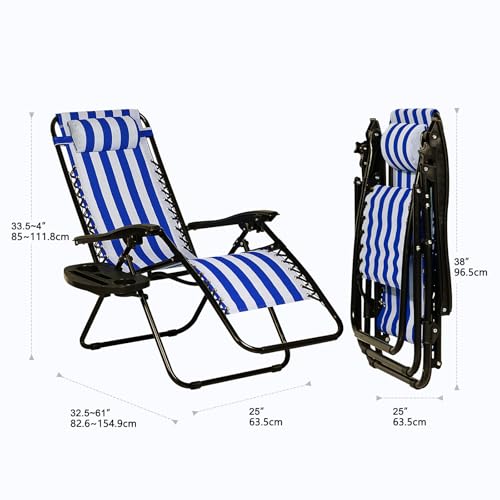 Nazhura Set of 2 Relaxing Recliners Patio Chairs Adjustable Steel Mesh Zero Gravity Lounge Chair Beach Chairs with Pillow and Cup Holder (Navy Blue Stripe) - color: Navy Blue Stripe