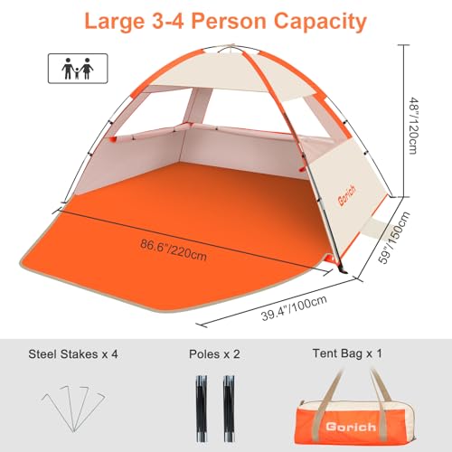 Gorich Beach Tent Sun Shelter for 3/4/6/8/10 Person with UPF 50＋ UV Protection, Lightweight & Easy Setup Beach Shade Canopy, Portable Beach Shade Tent Beach Cabana - color: Orange- Beige, size: 3 Person