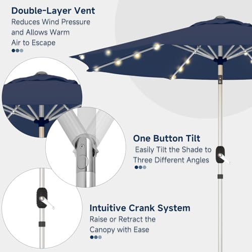 9FT Aluminum Patio Umbrella with 40-LED Solar Lighted, Fade-Resistant Outdoor Market Table Umbrella with Push Button Tilt Function, 8 Sturdy All-Aluminum Ribs for Gardens, Decks, Backyards & Pools - color: Navy Blue, size: 9FT 40LED-1Tier (Aluminum Umbrel