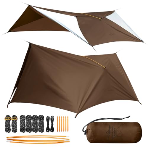 Ultralight Tarp, 14ft Hammock Rain Fly Lightweight Waterproof Camping Tent Tarp with Doors, Bushcraft Tarp Shelter for Backpacking Hiking Camping - color: Coyote Brown