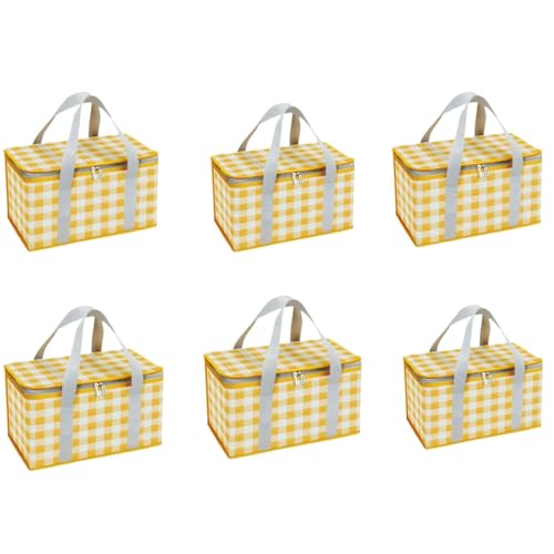 Set of 6 Foldable Insulated Picnic Bags, 14L Large Capacity Cooler Bag with Zippered Top, Reusable Thermal Beach Basket for Outdoor Travel Groceries (Yellow Checkered) - color: Yellow Checkered