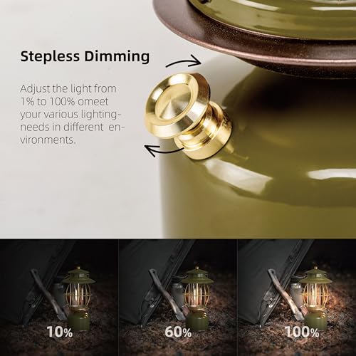 Metal Vintage LED Camping Lantern, 6800mAh Rechargeable Battery Last 17-500 Hours Camping Lamp, Large Dimmable Hanging Lantern, Retro Camping Light with Hook for Courtyard Outdoor Decoration - style: Retro Army Green