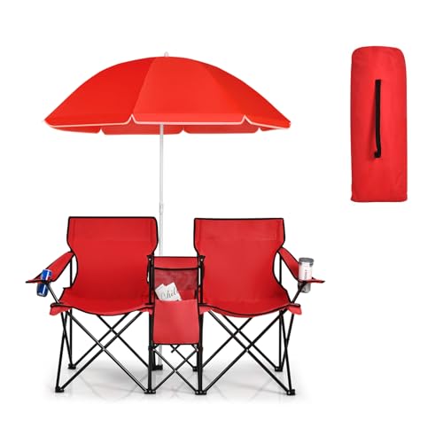 Double Camping Chair, 2-Person Portable Beach Chair w/Removable Umbrella, Cup Holders & Carrying Bag, Folding Loveseat Chairs for Adults Outdoor Picnic (Red) - color: Red