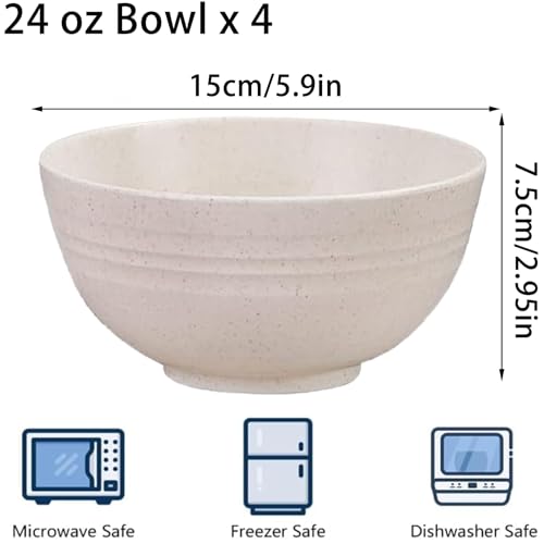 Unbreakable Wheat Straw Cereal Bowls Set of 4, 24 OZ Microwave and Dishwasher Safe Lightweight Soup and Salad Bowl Sets, Reusable Dessert Bowls for Rice, Pasta, Snack, Fruit, BPA Free (Beige) - color: Beige