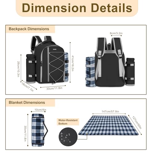 Picnic Backpack for 4 Persons with Insulated Leakproof Cooler Compartment, Cutlery Sets, Wine Holder, Fleece Blanket, Wedding Gifts for Couples, Perfect for Beach, Camping, Hiking, Black - color: Black