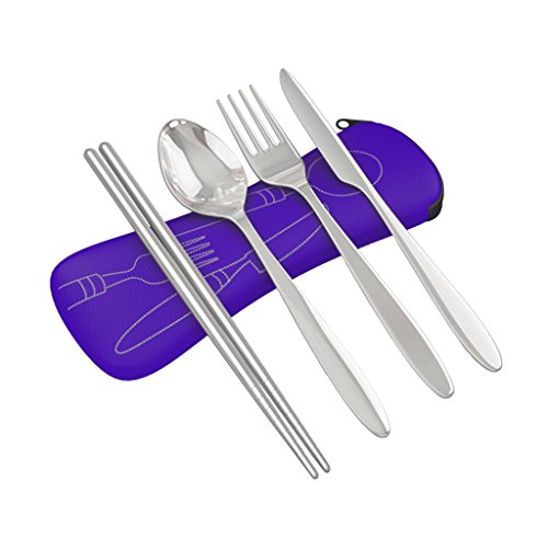 Reusable Travel Utensils with Case | Fork and Spoon Set with Knife, Chopsticks and Optional Reusable Straw– Office, Travel, or Camping Accessories| Lightweight Sturdy Reusable Utensils - color: 4pc Set - Navy Blue