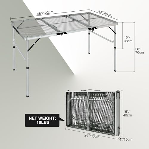 REDCAMP 48x24 Long Folding Grill Table for Outside, Lightweight Portable Metal Aluminum Outdoor Grill Table with Adjustable Height Legs, Great for Camping Picnic Cooking BBQ, Silver 4ft - color: Silver, size: 48"x24"