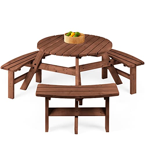 Best Choice Products 6-Person Circular Outdoor Wooden Picnic Table for Patio, Backyard, Garden, DIY w/ 3 Built-in Benches, 500lb Capacity - Walnut Brown - color: Walnut Brown