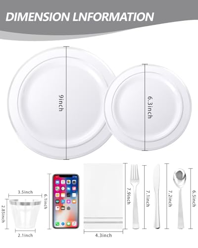 GATHER 700PCS Silver Plastic Plates - Silver Disposable Dinnerware Sets 100 Guest Include 200 Plates, 300 Silverware, 100 Napkins, 100 Cups For Wedding & Party - color: Silver, size: 100 Guests