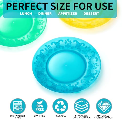 Plastic Dinner Plates Set of 12 Reusable - Unbreakable Lightweight Flat Plate 9 Inch in 6 Assorted Colors, Multicolor Everyday Plates BPA Free for Kids Kitchen, Microwave Dishwasher Safe