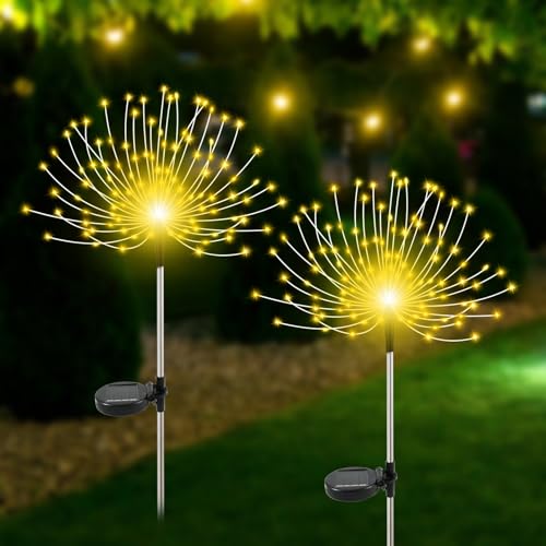 Slyuexu Solar Garden Lights Outdoor Waterproof, 2 Pack 120 LED Solar Firework Lights Decorative Garden Décor Outside for Flowerbed Pathway Party Christmas Decoration, Warm White - color: Warm White, size: 2 Pack