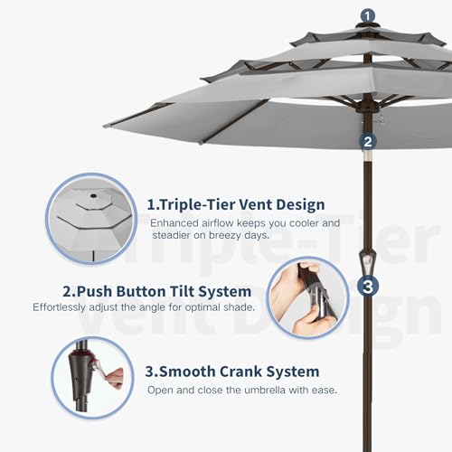 10FT Patio Umbrella 3 Tiers Outdoor Market Umbrella w/Push Button Tilt, Crank, UV and Waterproof Table Umbrella for Garden, Pool, Backyard, Deck, Lawn, Light Gray - color: Light Gray