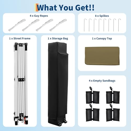 GarveeLife 10x10 Pop Up Canopy with One Button Push Setup - Heavy Duty Outdoor Canopy Tent with Portable Roller Bag - 3 Adjustable Height, 4 Weight Bags, 8 Stakes & 4 Guy Ropes Included, Brown - color: Brown