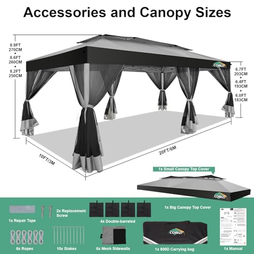 COBIZI 10x20 Pop up Gazebo, One-Push Setup Canopy Tent with Mosquito Netting & Vented Roof Design, Upgrade Metal Easy up Canopy Carpa Outdoor Gazebos for Backyard Camping Deck Party(Light Gray & Gray) - color: Light Gray & Gray, size: 10x20 FT Upgraded