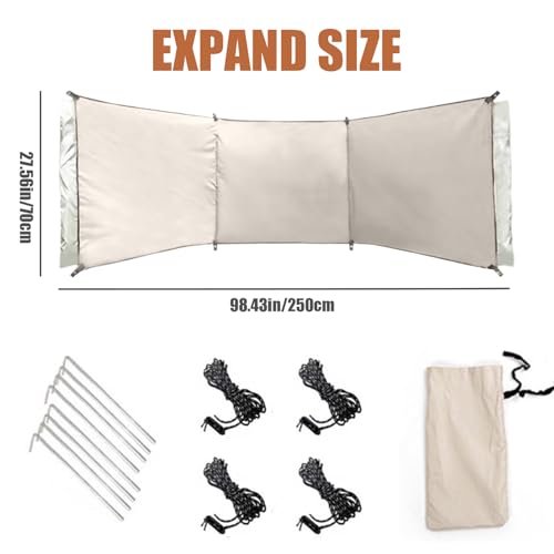 Wind Screen 98x28in Foldable Wind Blocker 210d Silver Coating Camping Windbreaks with Grommet 3 Panel Screen for Outdoor Beach Lawn Privacy Blocker Camping Windbreaks