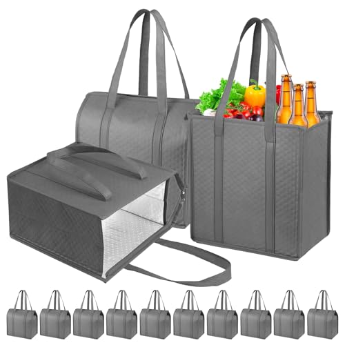 Insulated Grocery Bags with Zippered top Frozen Food Shopping Groceries Travel Insulated Tote Cooler Thermal Bags - color: Gray