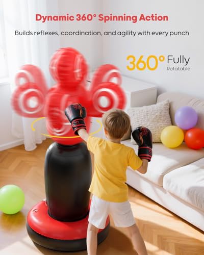 QPAU 360° Rotatable Kids Punching Bag - 64" Boxing Bag with 4 Targets & Kids Boxing Gloves, Inflatable Punching Bags with Hand Pump, Karate Taekwondo Training Christmas Birthday Gift Boys Girls