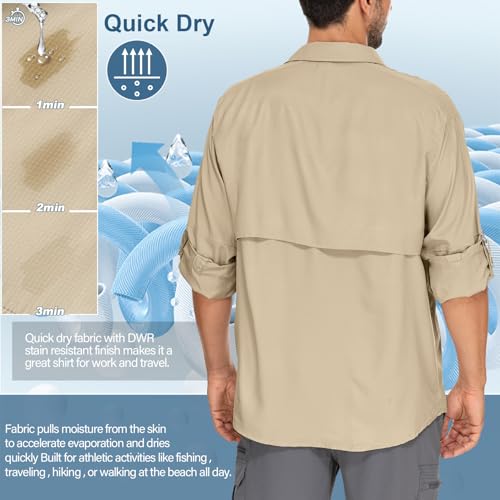 Mens Safari Shirts Long Sleeve UV Protection Hiking Fishing UPF 50+ Quick Dry Camping Travel Shirts - color: Khaki, size: X-Large