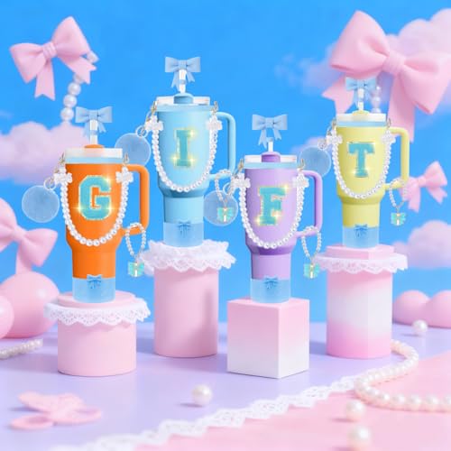 9pcs Stanley Cup Accessories Set- for 30oz 40oz Tumblers with Handle - Bule Kit Includes Bow Straw Topper and Boot, Charm, Pearl Handle Strap & Stickers - Aesthetic Girl Gifts (E) - color: E