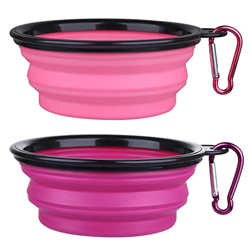 Dog Bowl Pet Collapsible Bowls, 2 Pack Collapsible Dog Water Bowls for Cats Dogs, Portable Pet Feeding Watering Dish for Walking Parking Traveling with 2 Carabiners (Small, Pink+Purple) - color: Pink+Purple, size: Small