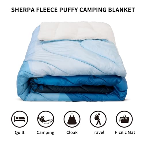 zzlamb Outdoor Camping Blanket with Sherpa Lining,Puffy Thick Camp Quilt for Sleeping,Packable Warm Wearable Fleece Blankets for Cold Weather,Traveling,Backpacking,Picnics,Beach,Stadium 52x75in - color: Cyan Ridge Fade