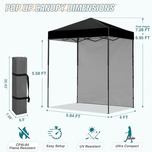 EAGLE PEAK 6x4 Instant Pop Up Canopy Tent with 1 Side Wall Panel, Straight Leg Sun Shelter, Portable Canopy with Carry Bag for Camping, Beach & Sports, Black - color: Black, size: One Wall