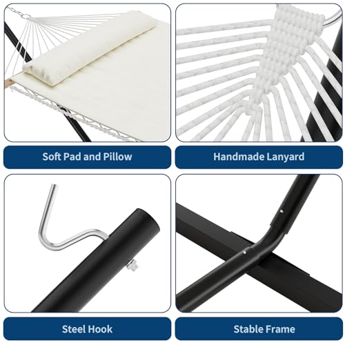Double Hammock with Stand for 2, Heavy Duty 350 Lb Capacity Portable Rope Hammock for Indoor & Outdoor Use, Includes Padded Mat and Pillow, Tool-Free Easy Assembly, Beige - color: Off White