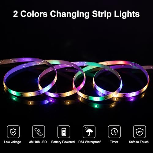 echosari LED Strip Lights Battery Operated, 10Ft 108 LED Dual Color Changing Strip Lights with Remote Cuttable Adhesive Lights Strip for Bedroom Party Decoration (Warm White & Multicolor) - color: Warm White & Multicolor, size: 9.8Ft
