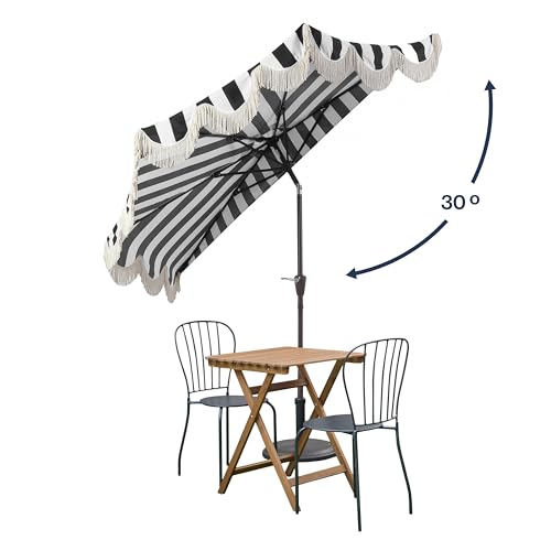 JONATHAN Y Half Umbrella UMB1201A Beverly 9 ft. Designer Classic Scalloped Fringe Market Patio with Crank, Push Button Tilt and UV Protection in Black/White - color: Black/White
