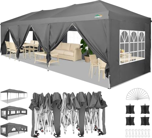 COBIZI 10x30 Pop Up Canopy with 8 Sidewalls for Parties Wedding Backyard, Waterproof Outdoor Commercial Event Shelter with Stakes, Ropes, Sandbags, Grey - color: Gray, size: 10x30ft With 8 Sidewalls