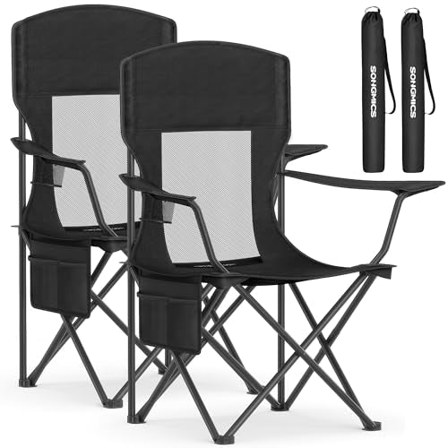 SONGMICS Breathable Camping Chairs, Foldable Outdoor Chairs Set of 2, High Back, Adjustable Armrests, Drink Holder, Weight Capacity 330 lb, for Sports Garden Backyard, Ink Black UGCB028B02 - color: Black, style: 2PC (20.3"D x 34"W x 38.2"H)