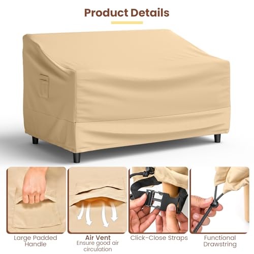 Tangkula Patio Loveseat Cover, 2-Seater Waterproof Outdoor Deep Sofa Cover with Padded Handle & Click-Close Straps, Patio Furniture Cover with Air Vent, Heavy Duty PU Couch Cover, 60"W x 43"H x 30"H - size: 60" W X 43" D X 30" H