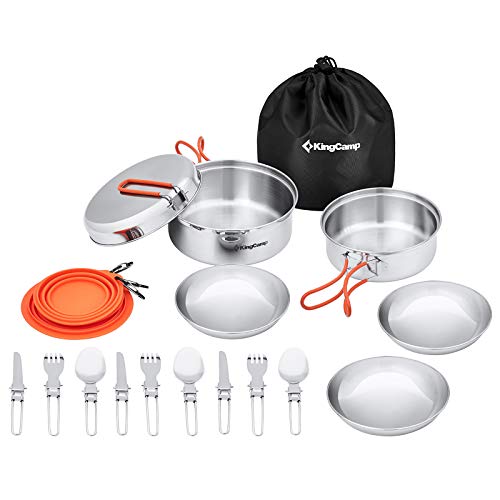 KingCamp Camping Cookware Mess Kit, 25pcs Backpacking Gear Cooking Equipment, Lightweight Pots and Pans with Folding Knife and Fork Set for 3-4 Person