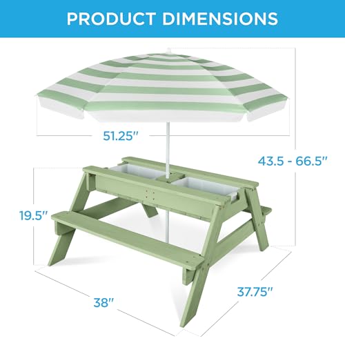 Best Choice Products Kids Picnic Table with Umbrella, 3-in-1 Sand & Water Table, Outdoor Convertible Picnic Table for Toddlers, Seats 4, Removable Top, 2 Buckets - Sage - color: Sage