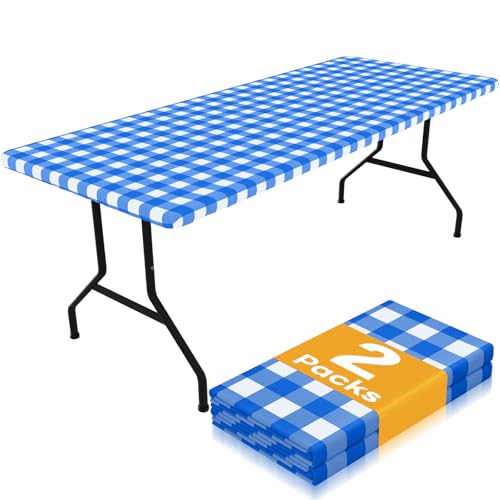 Smiry Picnic Table Cloth 2 Pack, Waterproof Elastic Fitted Tablecloths for 18x72 Rectangle Tables, Washable Polyester Buffalo Plaid Tablecloth for Camping, Dining & Outdoor (Blue & White, 18" x 72") - color: Blue and White, size: 18" x 72"