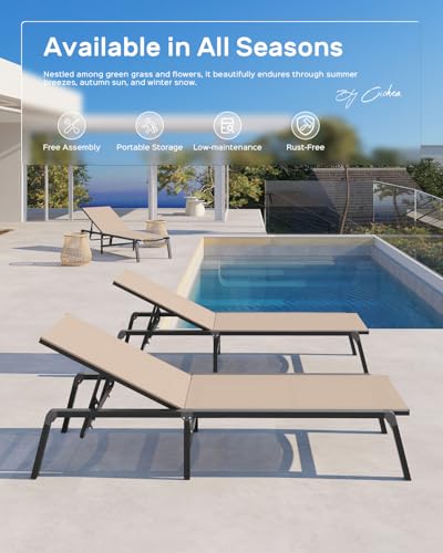 Aluminum Chaise Lounge Ourdoor - Foldable & Assemble Free Outdoor Lounge Chair with 5 Adjustable Backrest, Patio Lounge Chair for Outside Poolside Beach Pool, Khaki - color: Khaki, size: 1 Pack