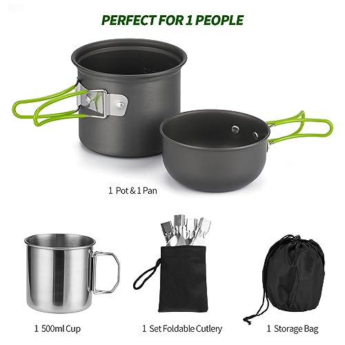 Camping Cookware Mess Kit for 1 People,ISFORU Camping Non-Stick Cooking Set Include Backpack Pot and Pan Set with 304 Stainless Steel Cup and Utensil Set for Traveling Trekking and Hiking