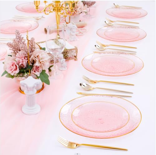 Rubtlamp 60Pcs Pink Plastic Plates,Clear Pink Plates With Gold Rim,Hammered Gold Plates Include 30Pink Plastic Dessert Platos, 30Gold Dinner Platos For Party - color: Clear Gink Gold