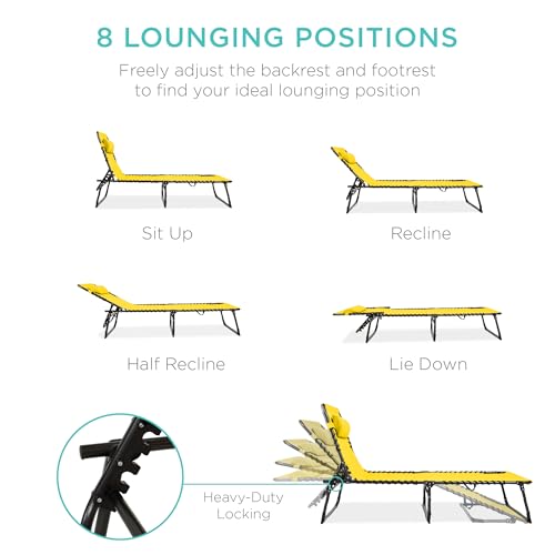 Best Choice Products Patio Chaise Lounge Chair, Portable Outdoor Folding Recliner for Lawn, w/ 8 Positions, Handles, 300lb Capacity - Yellow - color: Yellow