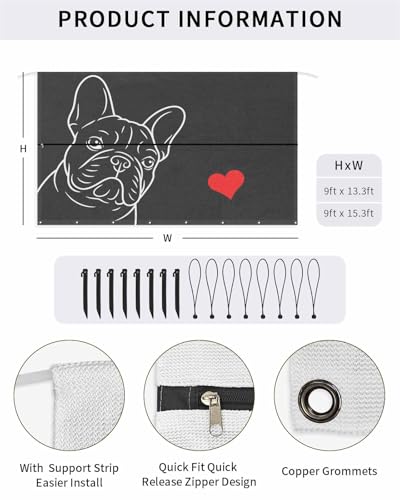 RV Awning Sun Shade Screen 9'X13.3' French Bulldog Mesh Sunscreen Cute Dog Love Heart Awning Shade Screen with Zipper UV Blocker Completed Kits Universal Outdoor Canopy for RV Motorhome Camper Trailer - size: 9x13.3 ft