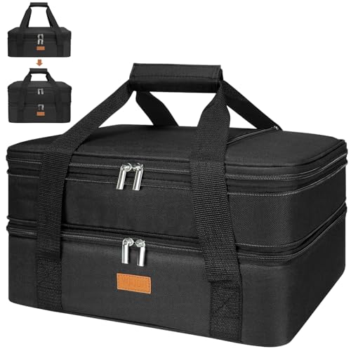 Expandable Casserole Carrier Bag - Double Decker Food Bag, Insulated Casserole Carrier for Hot or Cold Food, Lasagna Holder Tote for Picnics,Beaches,Traveling or Gifts - color: Black