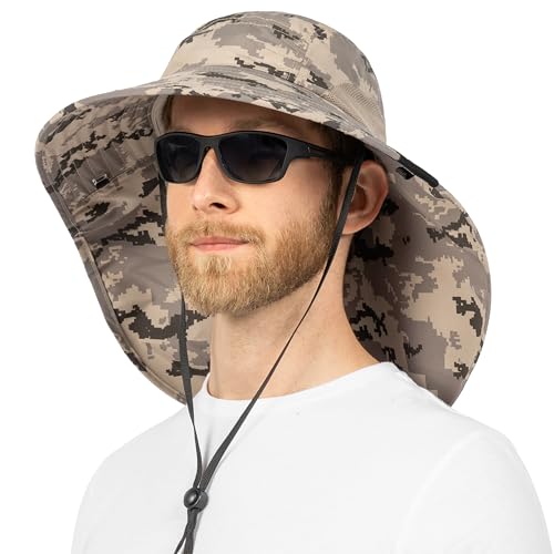 SUN CUBE Wide Brim Sun Hat with Neck Flap, UPF50+ Hiking Safari Fishing Hat for Men Women, Sun Protection Beach Hat - color: Gray Camo