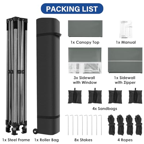 COBIZI 10x10 Heavy Duty Pop Up Canopy Tent with 4 Sidewalls Thicken Frame, Commercial Easy Up Outdoor Wedding Party Tents, All Season Waterproof Windproof with Stakes Sandbags Ropes Roller Bag, Gray - color: Gray, size: 10x10