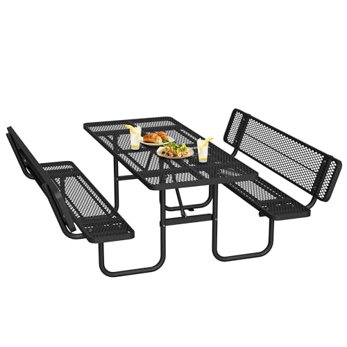 72" Rectangular Metal Picnic Tables for Outdoors with Backrest Seats Umbrella Hole - Coated Steel Heavy Duty Commercial Grade Table, Patio Rectangular Furniture Set for a Lifetime, Black - color: Black-backrest