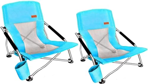 Nice C Low Beach Chair, Beach Chairs for Adults 2 Pack, Sling, Folding, Portable, Concert, Kids, Boat, River, Sand Chair, Sillas De Playa, with Cup Holder & Carry Bag (2 Pack of Blue) - color: Ocean_2